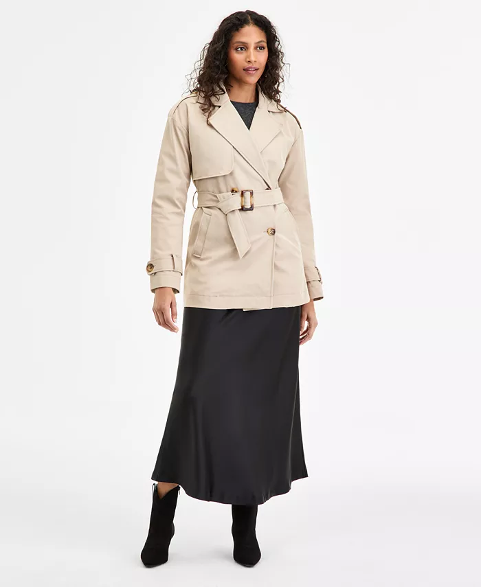 Juniors' Double-Breasted Belted Trench Coat - thumbnail 5