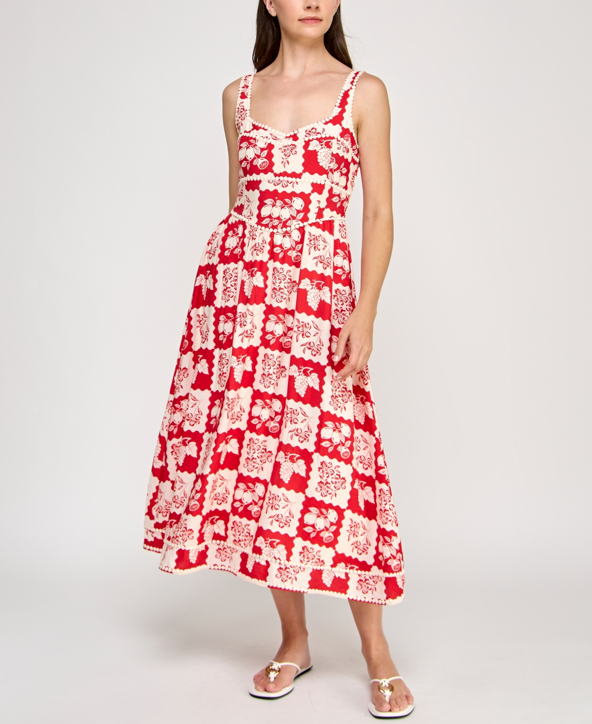 Juniors' Floral-Print Pom Pom-Trim Dress - Red