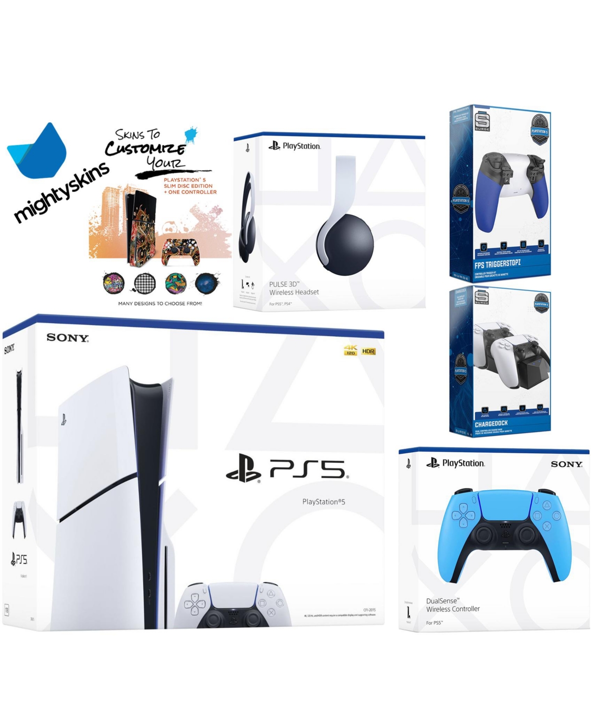 Sony Playstation 5 Slim Disc Bundle with White Pulse Headset, Extra Nova Pink Controller, Trigger Stop Kit, Dual Charge Dock and MightySkins Decal Vou
