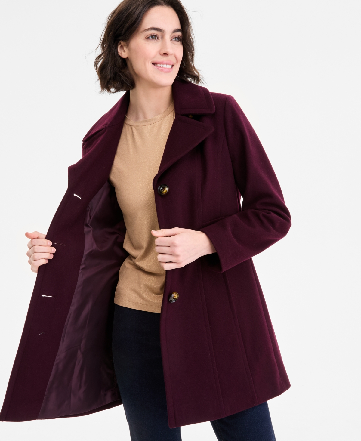 Anne Klein Women's Single-breasted Notched-collar Peacoat In Burgundy