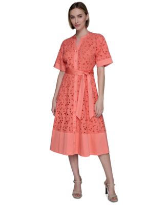 Womens Eyelet Cotton A Line Shirtdress 0 14p