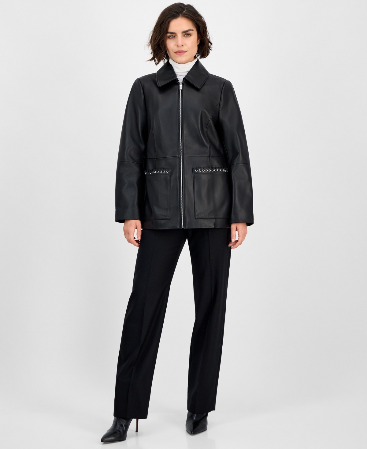 Anne Klein Women's Zip-front Leather Jacket In Black