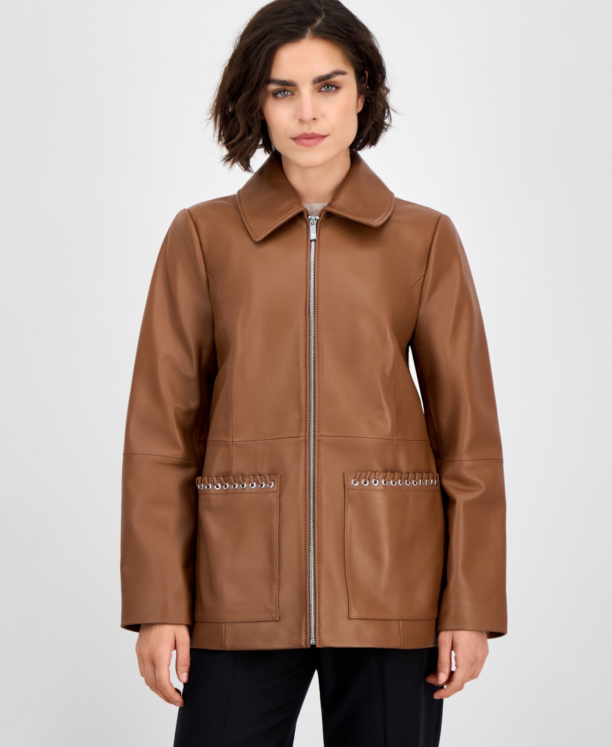 Anne Klein Women's Zip-front Leather Jacket In Brown