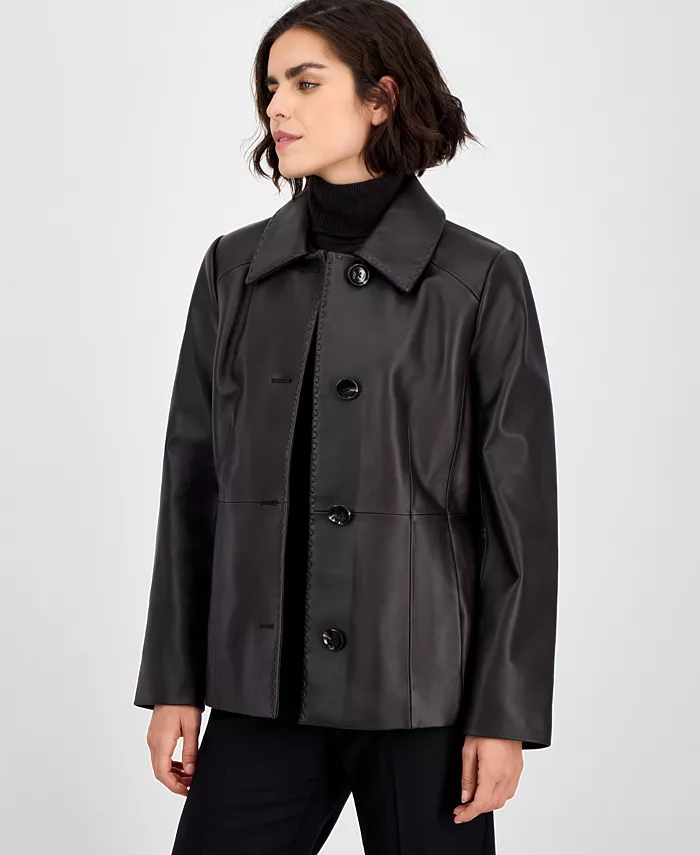 Women's Single-Breasted Leather Coat - thumbnail 7