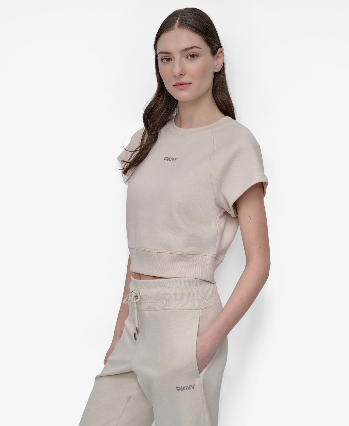 Dkny Women's Mini Stud Logo Short Sleeve Cropped Top In Neutral