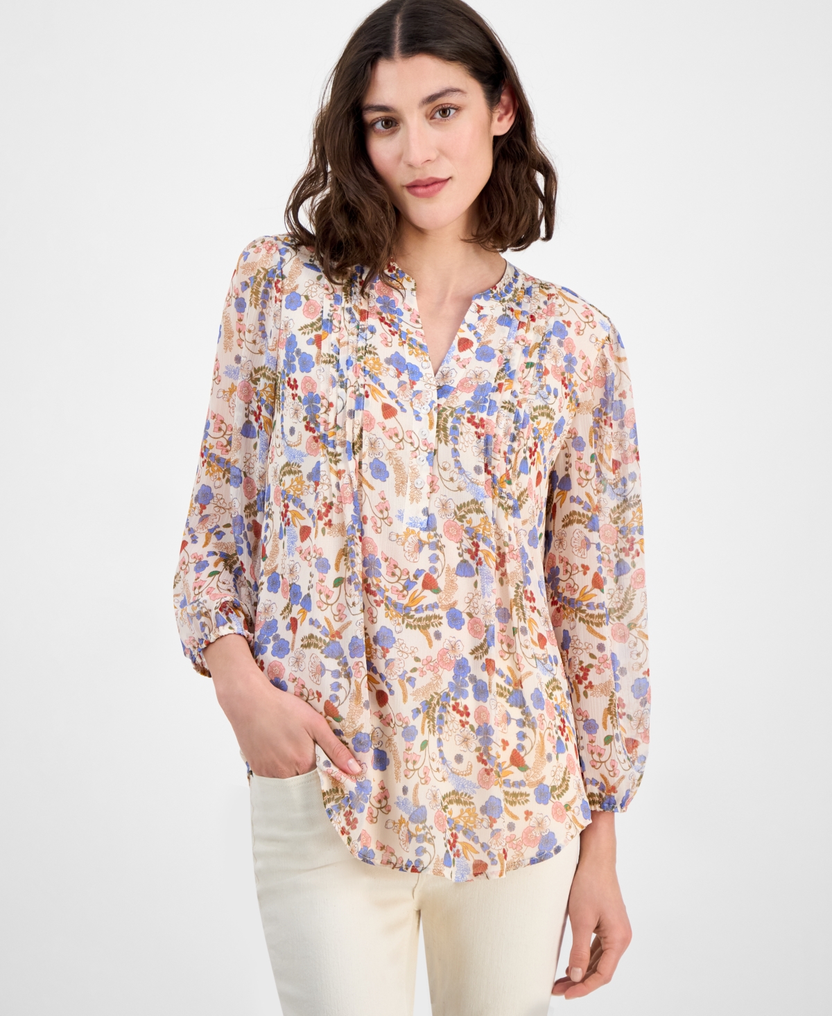 Women's Floral Pintuck Blouse - Whitecap Multi