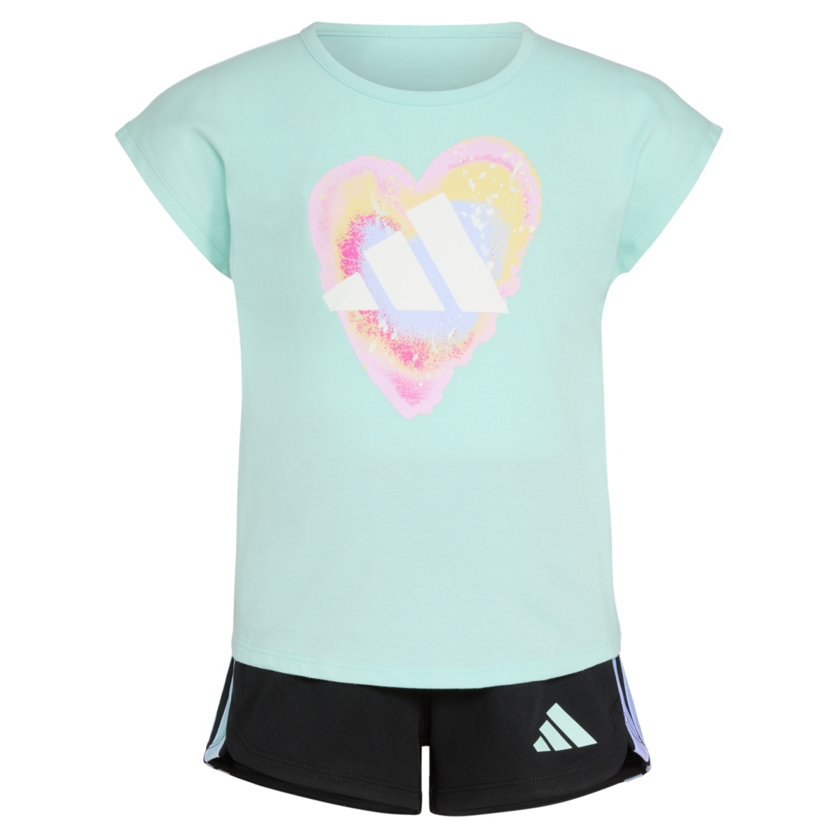 Adidas Originals Toddler And Little Girls 2-piece Short Sleeve Graphic T-shirt And Mesh Short Set In Light Aqua