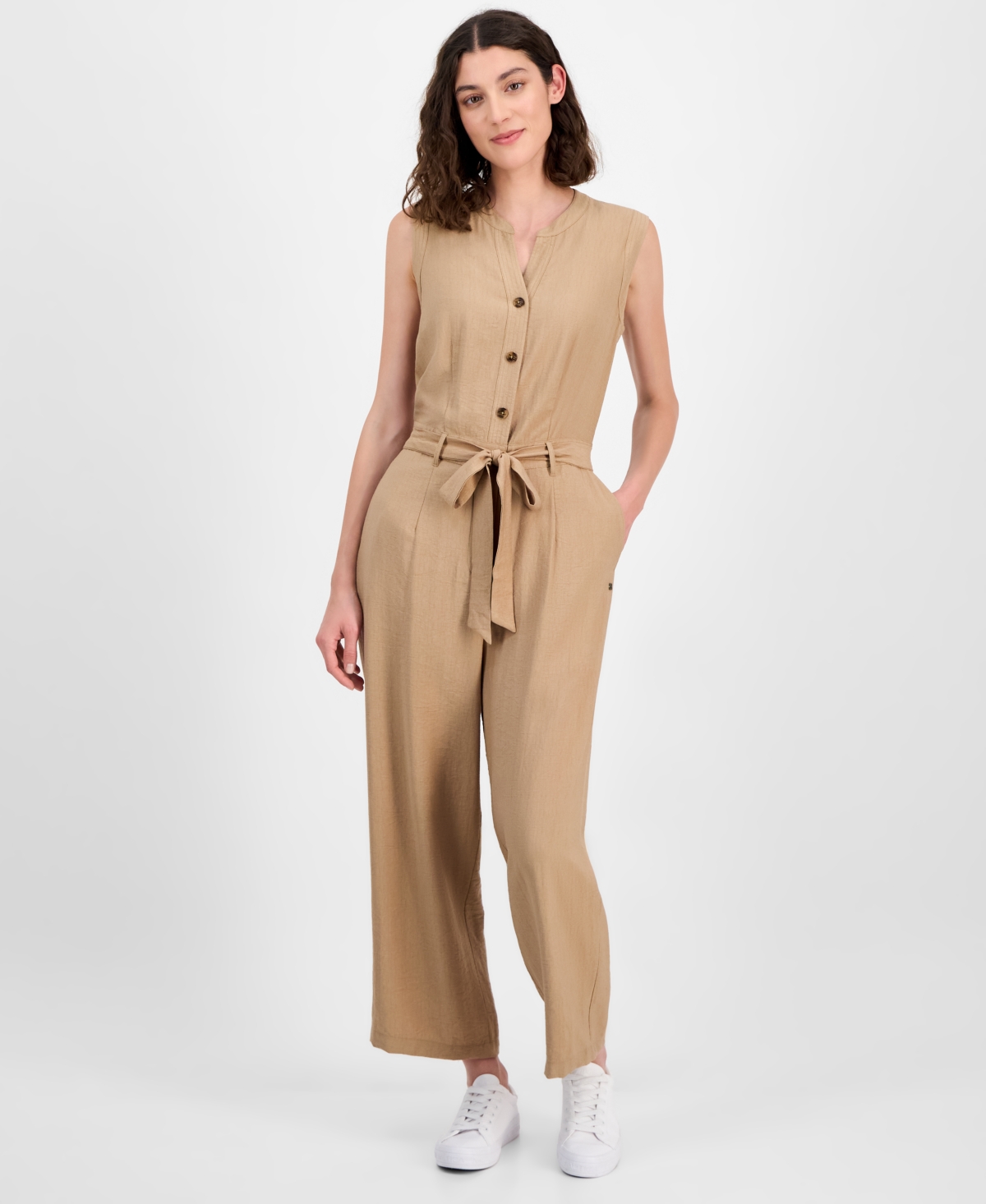 Women's Sleeveless Belted Jumpsuit - Tigers Eye