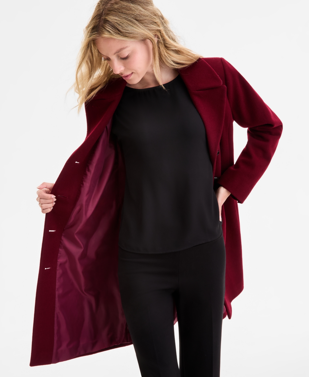 Anne Klein Women's Single-breasted Walker Coat, Exclusively At Macy's In Burgundy