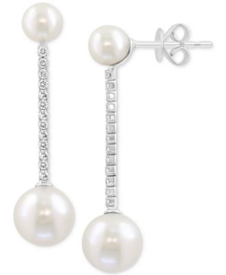 EFFY&reg; Cultured Freshwater Pearl (5-8mm) & Diamond (1/4 ct. t.w.) Linear Drop Earrings in 14k White Gold