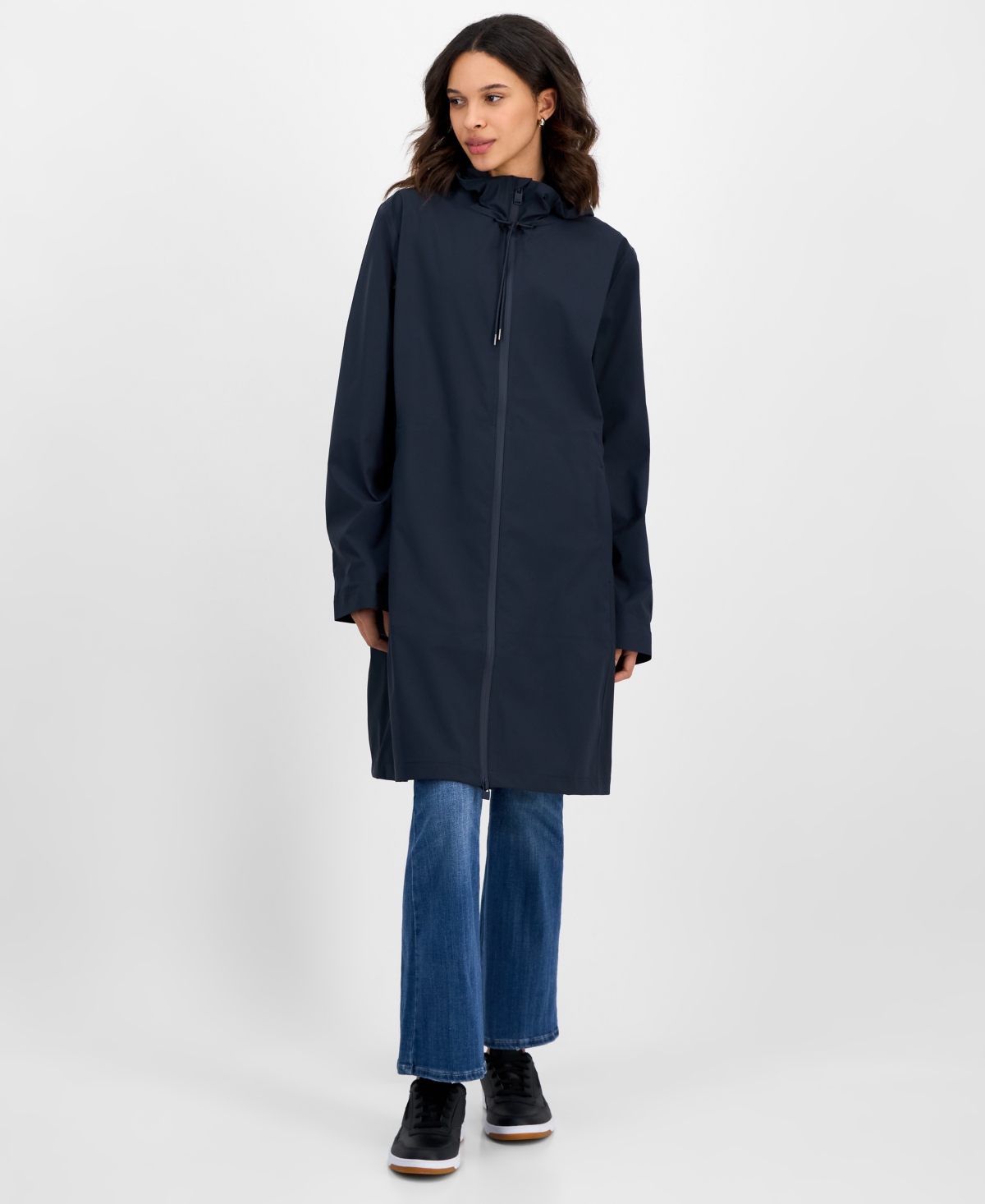 Rains Women's Long Zip-front Hooded Rain Coat In Black