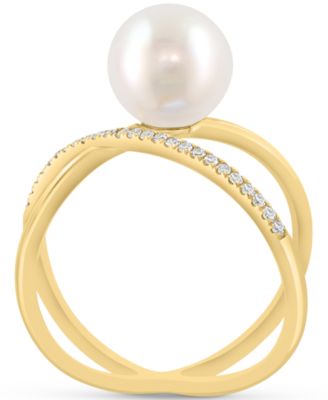 EFFY&reg; Cultured Freshwater Pearl (8-1/2mm) & Diamond (1/10 ct. t.w.) Crisscross Ring in 14k Yellow Gold