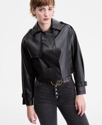 Juniors' Cropped Faux-Leather Belted Trench Coat
