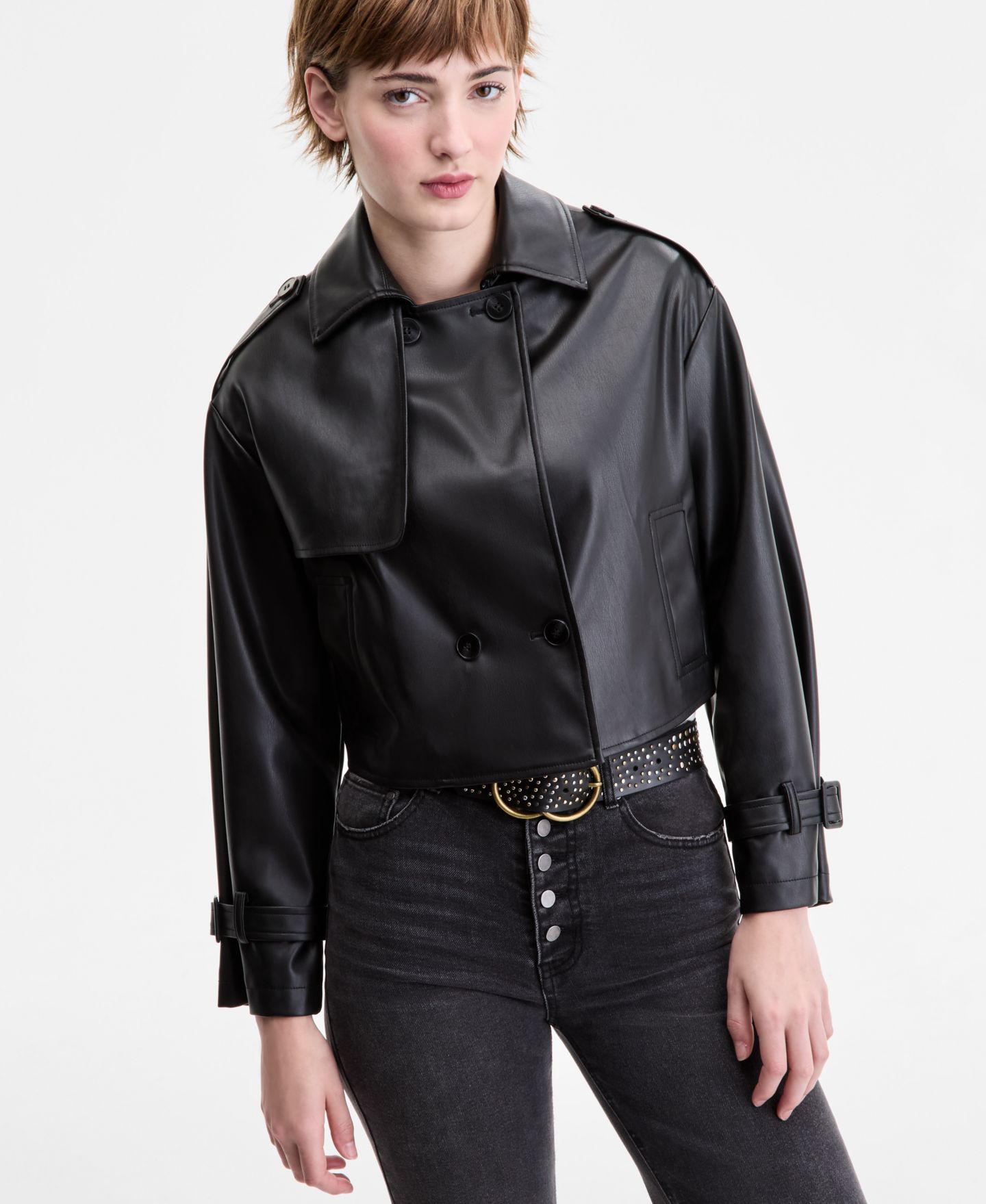 Женское пальто CoffeeShop Juniors' Cropped Faux-Leather Belted Trench, цвет: Чёрный — фото 3