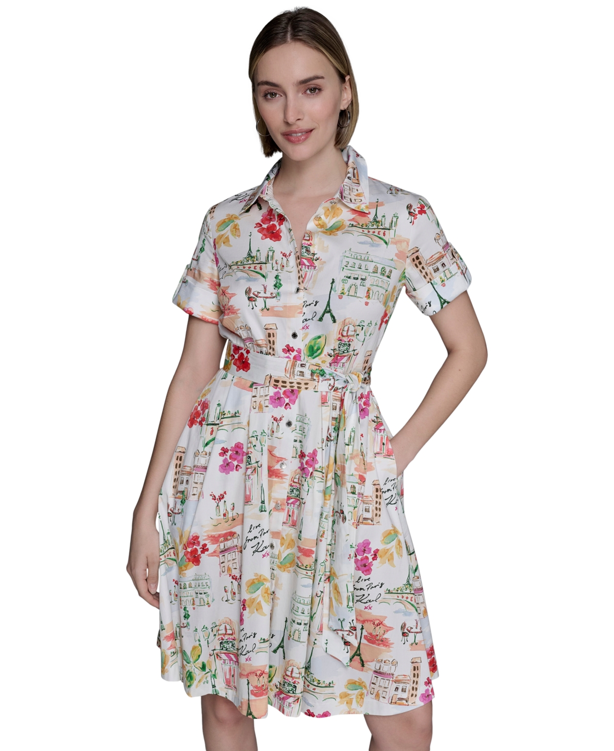 Karl Lagerfeld Womens Printed Cotton A Line Shirtdress 0 14p
