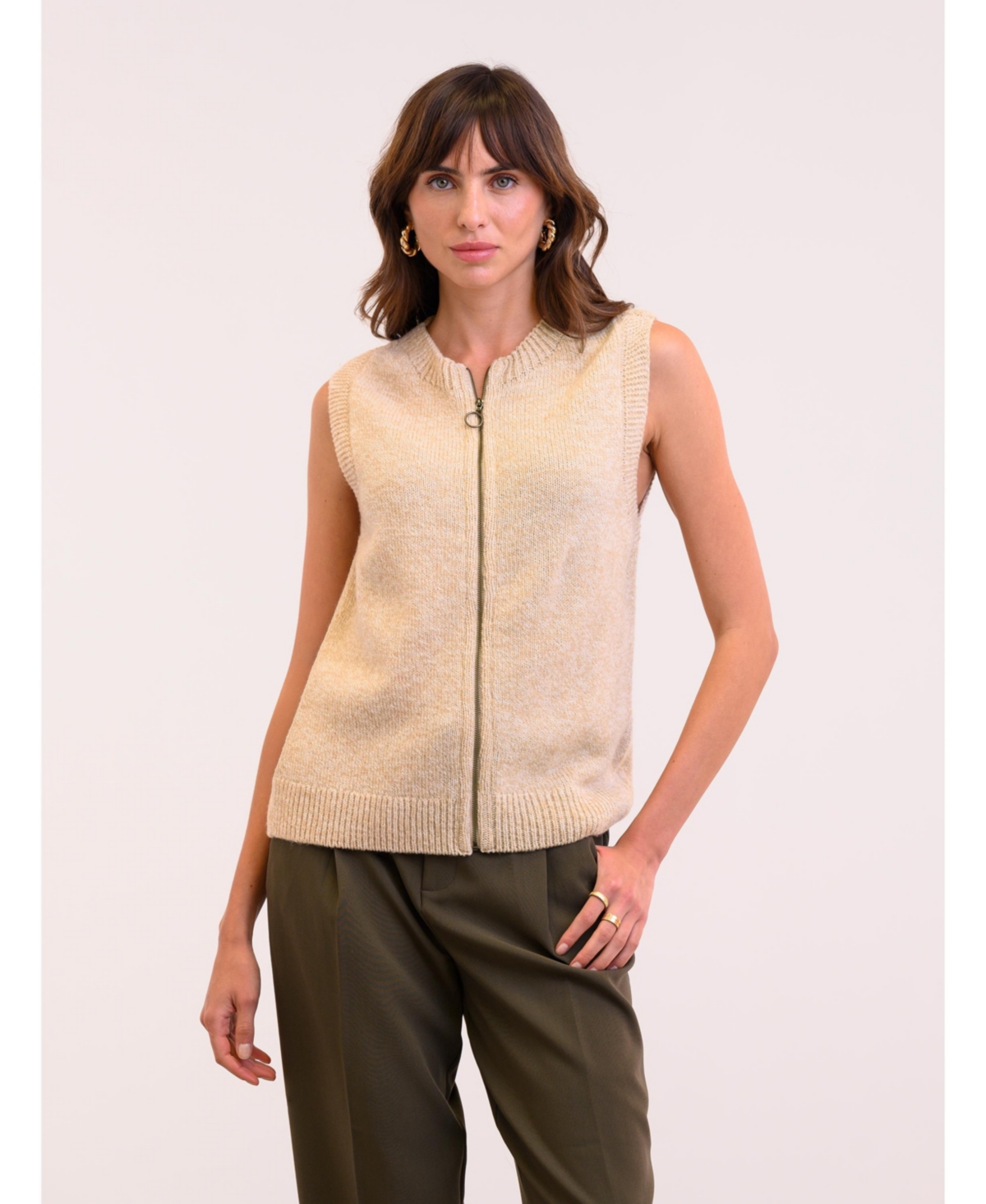 Women's Zip Through Sleeveless Cardigan - Oatmeal