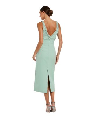 Women's Crepe Fitted Midi Dress With Bow And Beaded Trim
