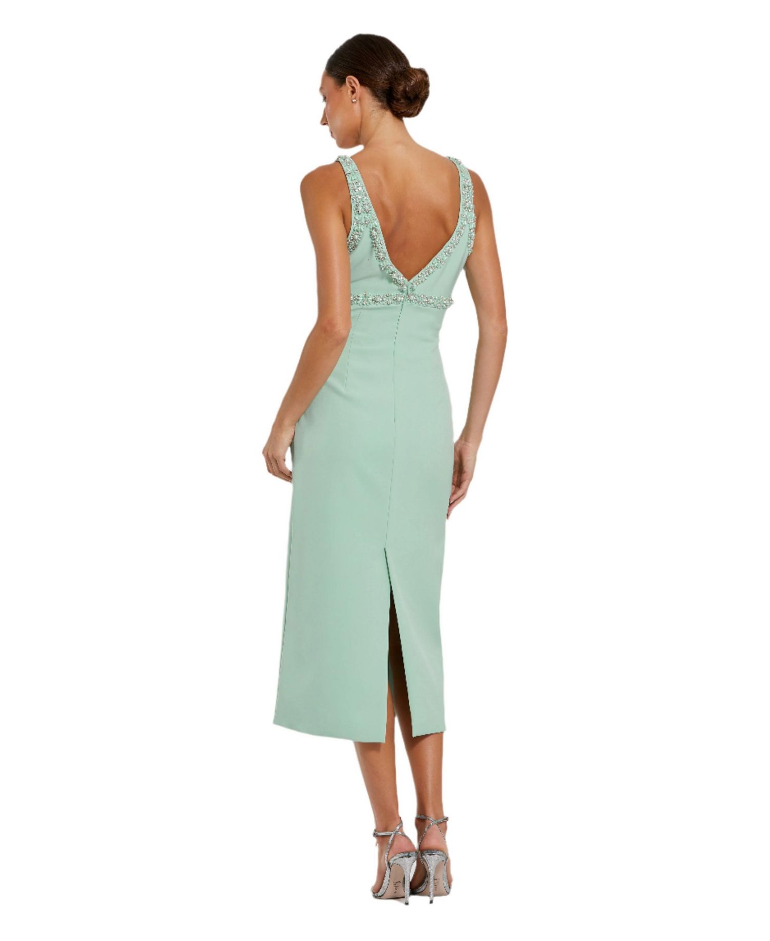 Women's Crepe Fitted Midi Dress With Bow And Beaded Trim
