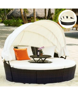Patio Rattan Daybed Cushioned Sofa Adjustable Table Top Canopy 3 Pillows