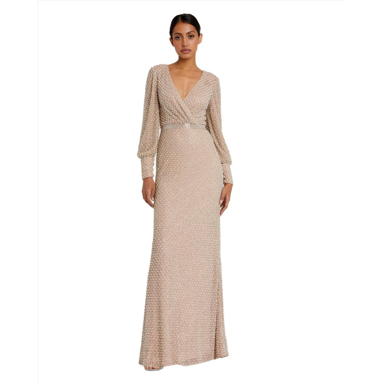 Women's Wrap Over Bishop Sleeve Gown With Pearl Beading