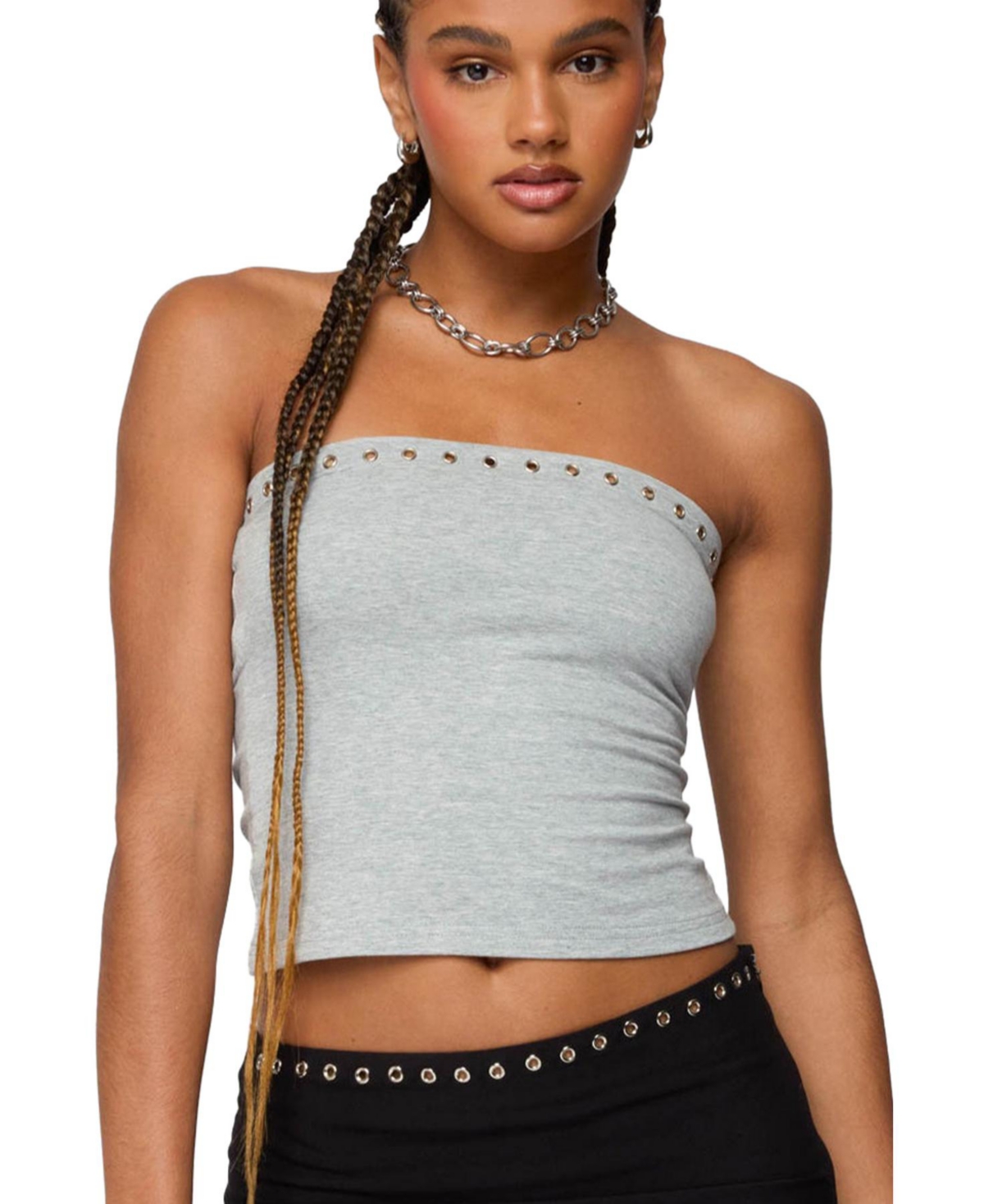 Women's Built In Bra Grommet Tube Top - Gray-melange