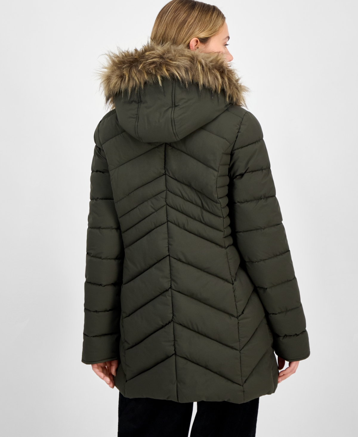 Maralyn & Me Juniors' Plus Size Faux-fur Hooded Puffer Coat In Green
