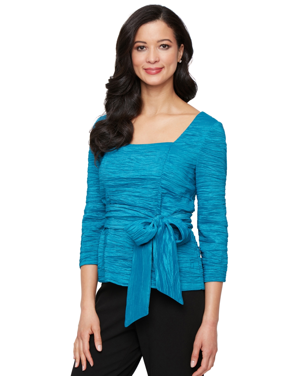 Women's Square-Neck Tie-Waist Taffeta Blouse - Aqua