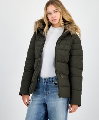 Juniors' Faux-Fur Hooded Puffer Coat