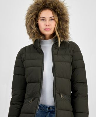 Juniors' Faux-Fur Hooded Puffer Coat