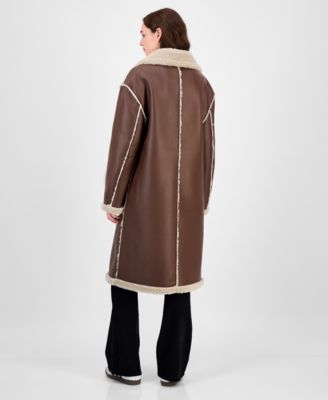 Juniors' Long Faux-Shearling-Trimmed Coat