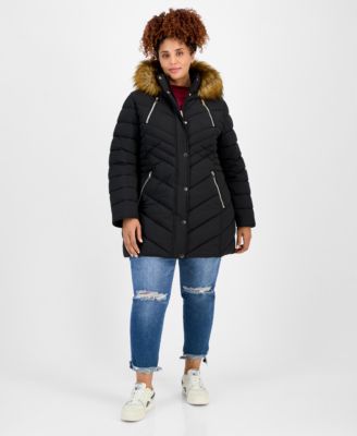 Juniors' Plus Size Faux-Fur Hooded Puffer Coat