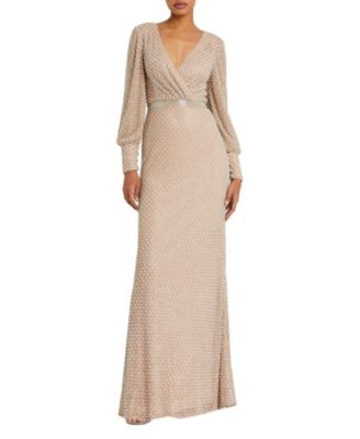 Women's Wrap Over Bishop Sleeve Gown With Pearl Beading