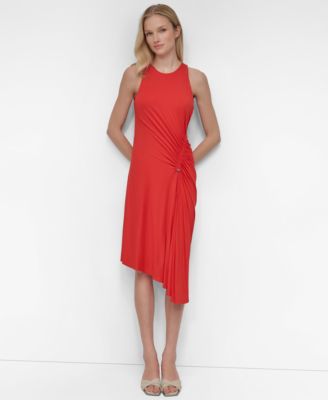 DKNY - Women's Jewel Neck Ruched-Front Sleeveless Dress