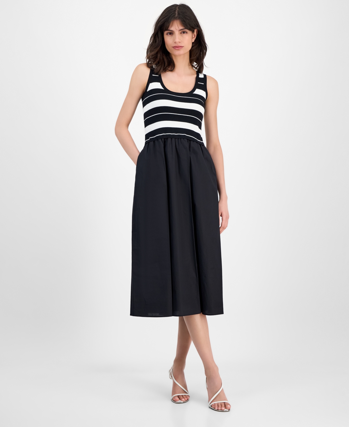T Tahari Women's Striped-bodice Mixed-media Midi Dress