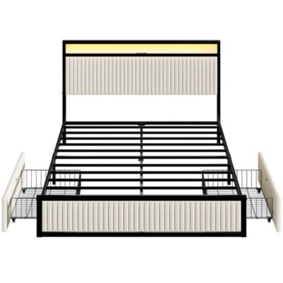Full Size Velvet Upholstered Bed Frame with LED Headboard, 2 Drawers, Charging Station