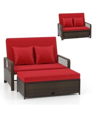 Patio Rattan Daybed Wicker Loveseat Sofa with Multifunctional Ottoman