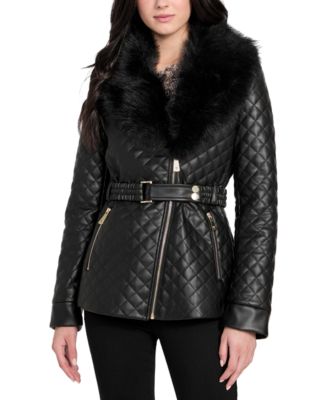 GUESS - Women's Quilted Faux-Fur-Collar Faux-Leather Jacket