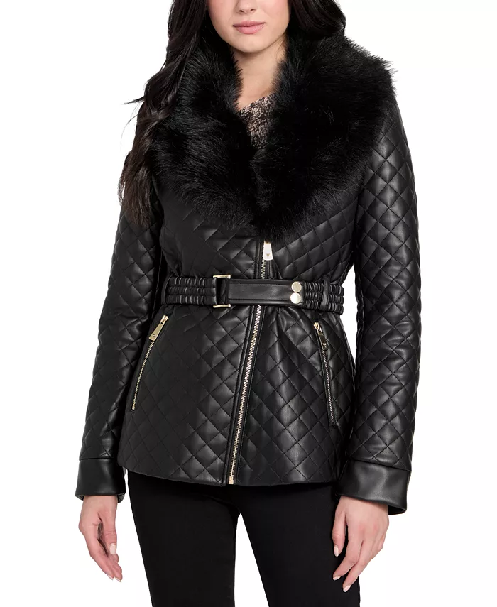 Women's Quilted Faux-Fur-Collar Faux-Leather Jacket