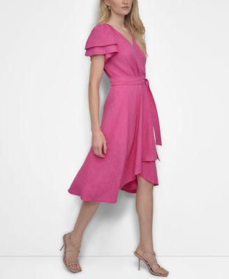 セール! DKNY ふわり袖 タイウエスト マキシ ドレス DKNY Women's Flutter-Sleeve Side-Tie Faux-Wrap Dress - Macy's