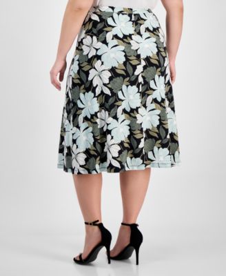 Plus Size Floral-Print Pull-On Midi Skirt 
