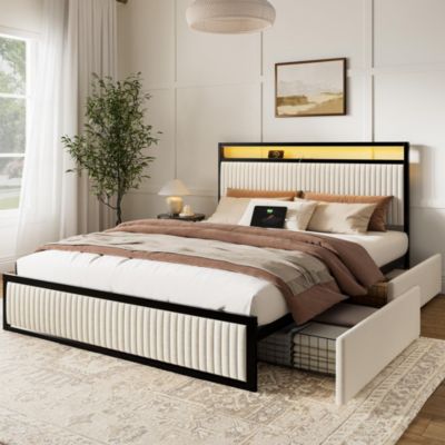 Queen Size Velvet Upholstered Bed Frame with LED Headboard, 2 Drawers, Charging Station