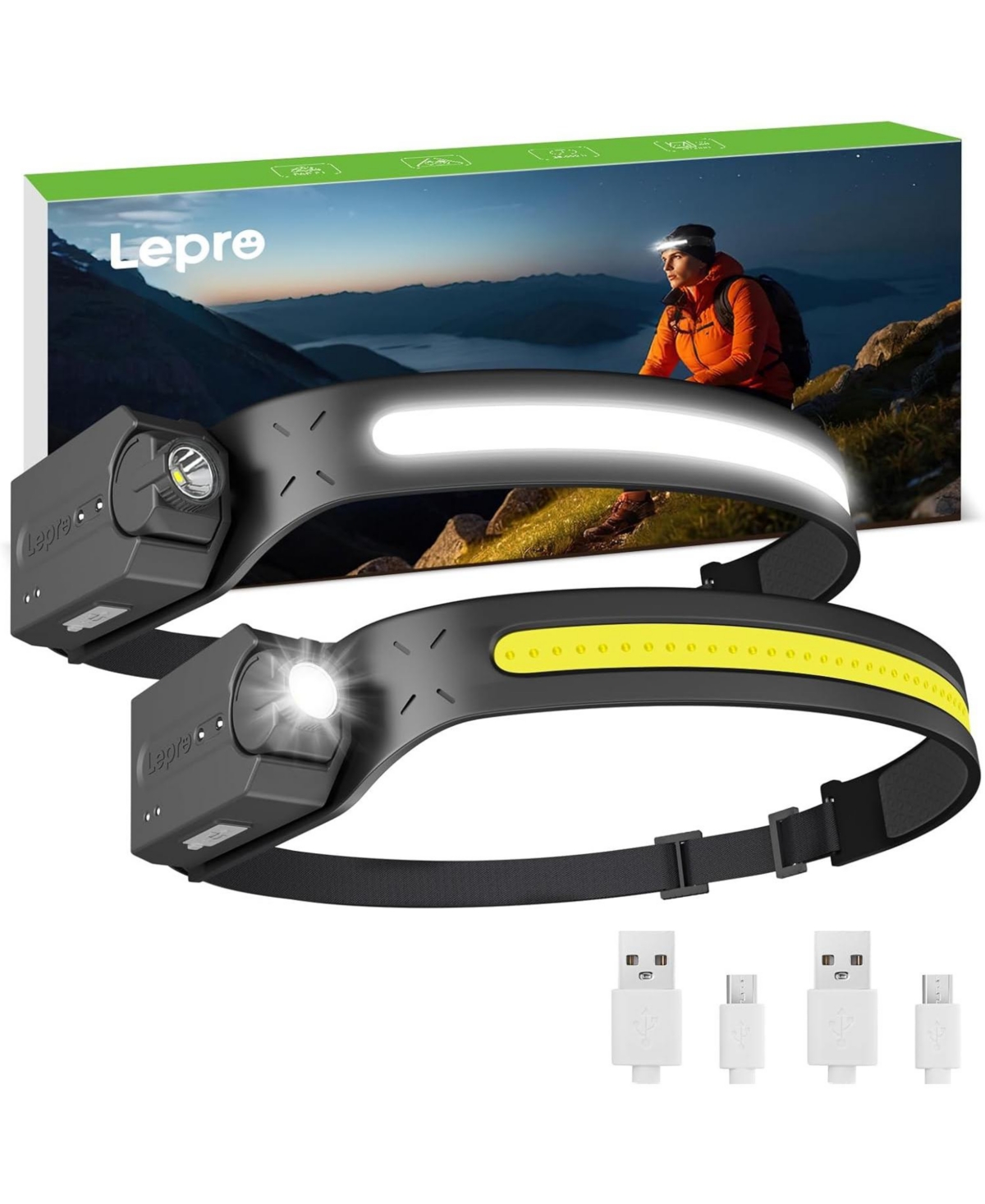 Led Headlamp Rechargeable - Super Bright Motion Sensor Head lamp with 1200 mAh Battery, 230&#xB0;Cob Wide Beam & Adjustable Spotlight, IP44 Wate