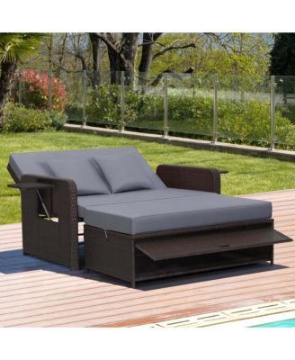 Patio Rattan Loveseat Set Daybed Lounge Storage Ottoman Side Tables Adjust