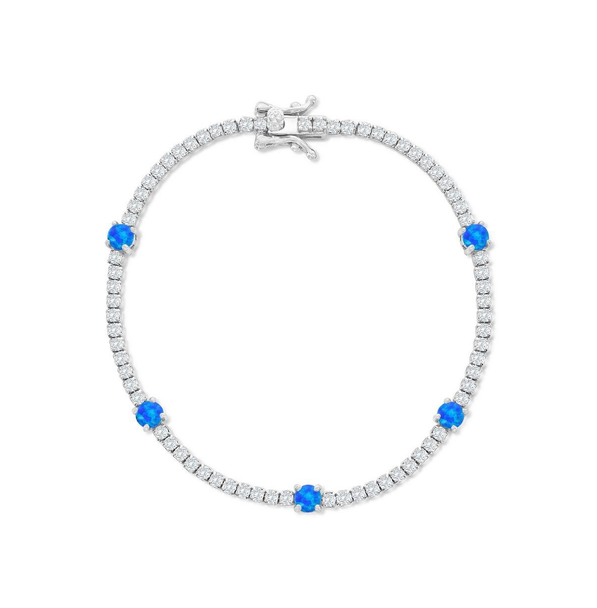 Sterling Silver, Round Blue Synthetic Opal & Cz Tennis Bracelet - Blue
