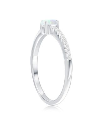 Sterling Silver, Oval White Synthetic Opal & CZ Ring