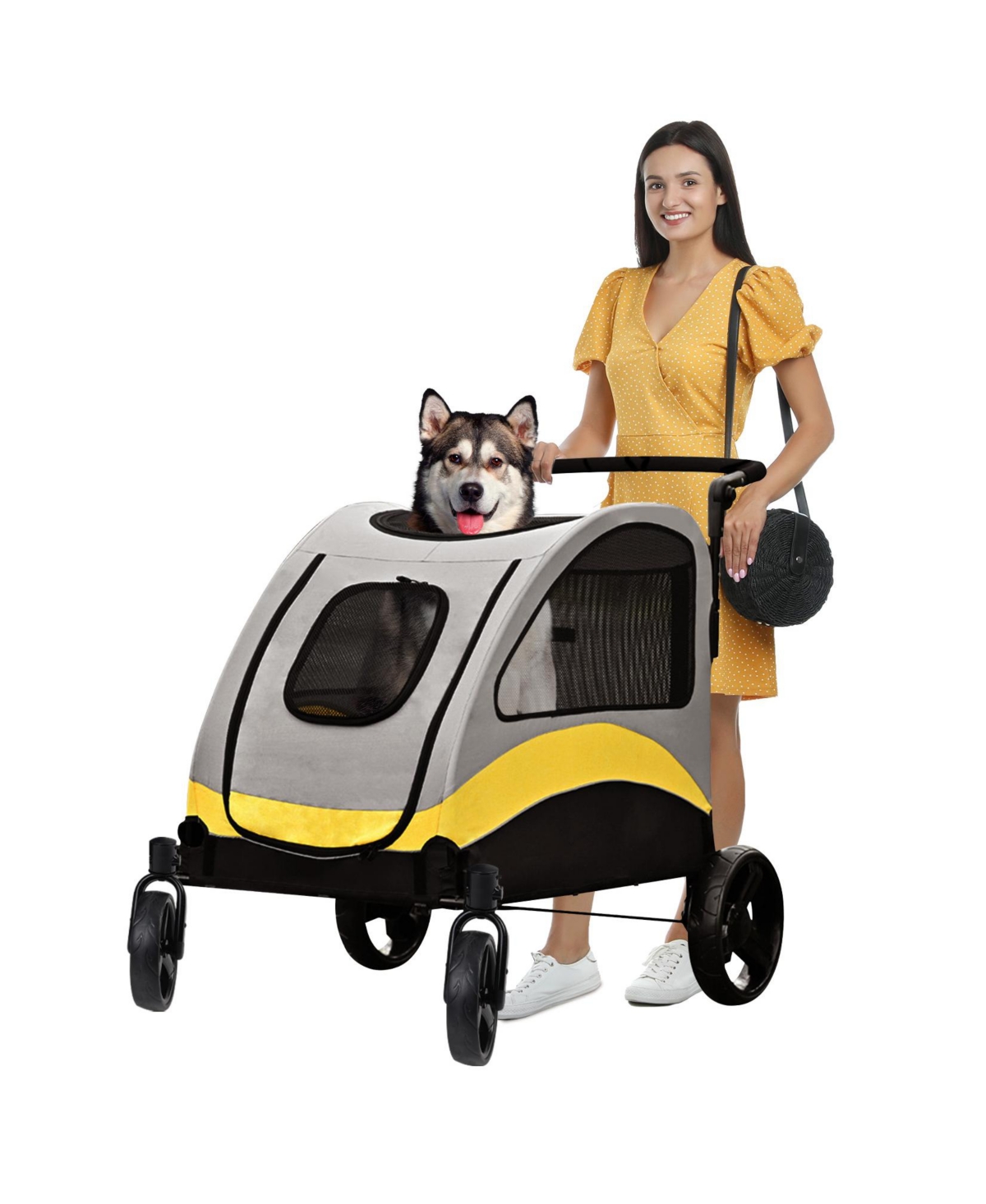 4 Wheel Foldable Large Capacity Pet Travel Stroller - Grey