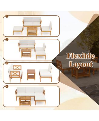 5 PCS Acacia Wood Patio Furniture Set with 2-Tier Coffee Table and Cushions