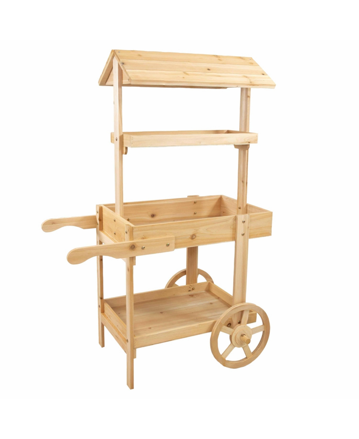 Flower Cart Display Stand with Wheels - Dessert Candy Cart - Market Flower Display Stand - 2 Shelves - Fir Wood - White - Natural fir