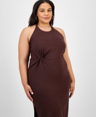 Trendy Plus Size Halter-Neck Linen-Blend Midi Dress, Exclusively at Macy's
