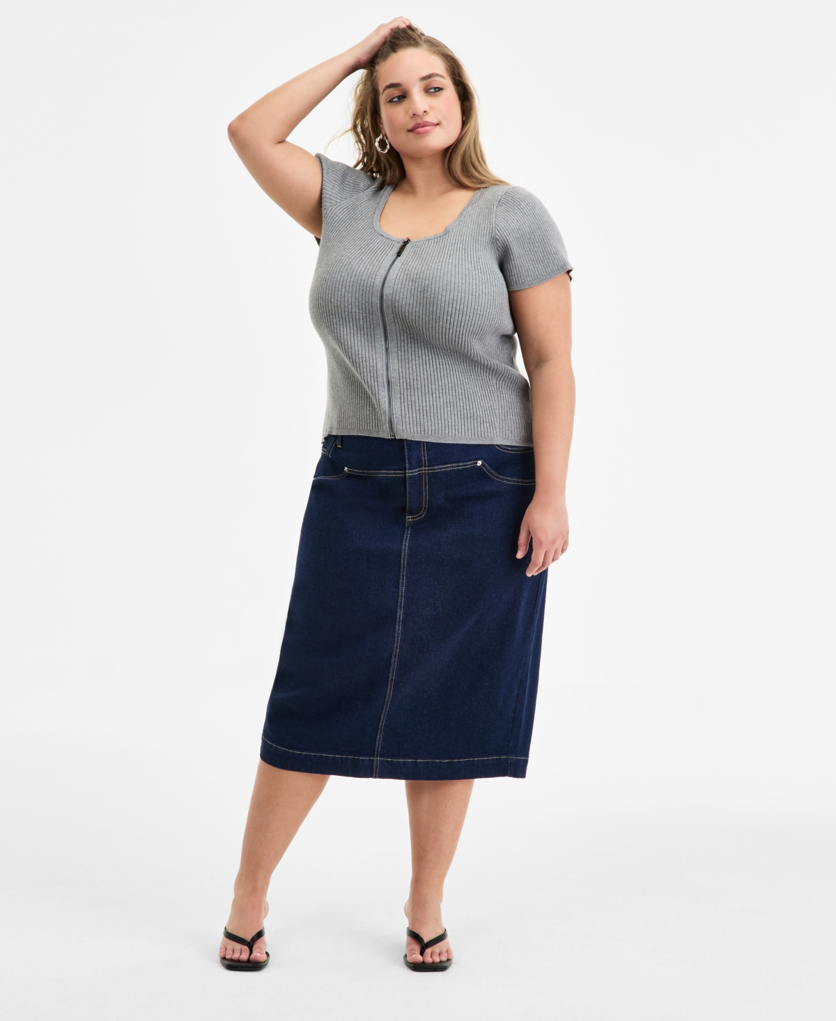 Bar Iii Trendy Plus Size Ribbed Zip-front Sweater, Exclusively At Macy's In Gray